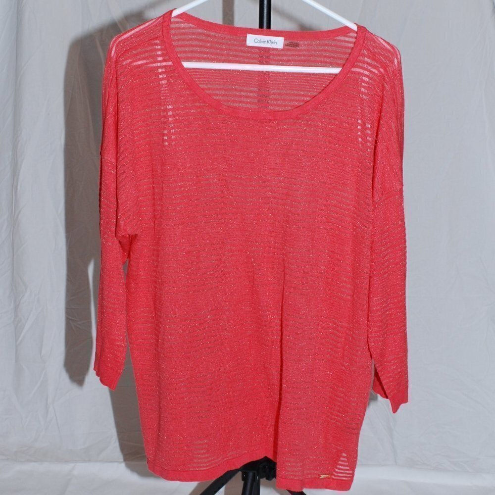 Striped Sheer Calvin Klein Womens Large Pink Salmon Blouse Shirt EUC